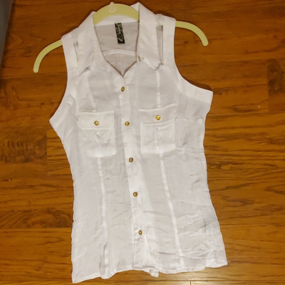 White collared buttondown sleeveless blouse